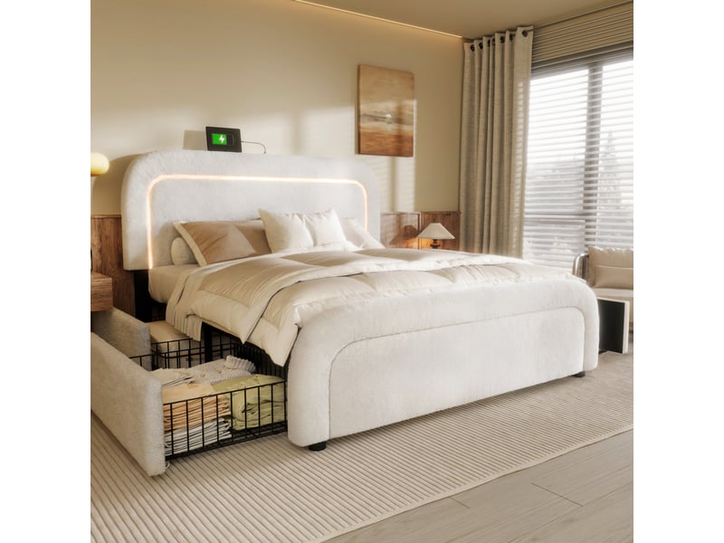 Cadre de lit rembourré 160x200 cm avec port de charge usb-c, éclairage led et 4 tiroirs ; tête de lit réglable en hauteur, sommier à lattes en bois - Conforama R