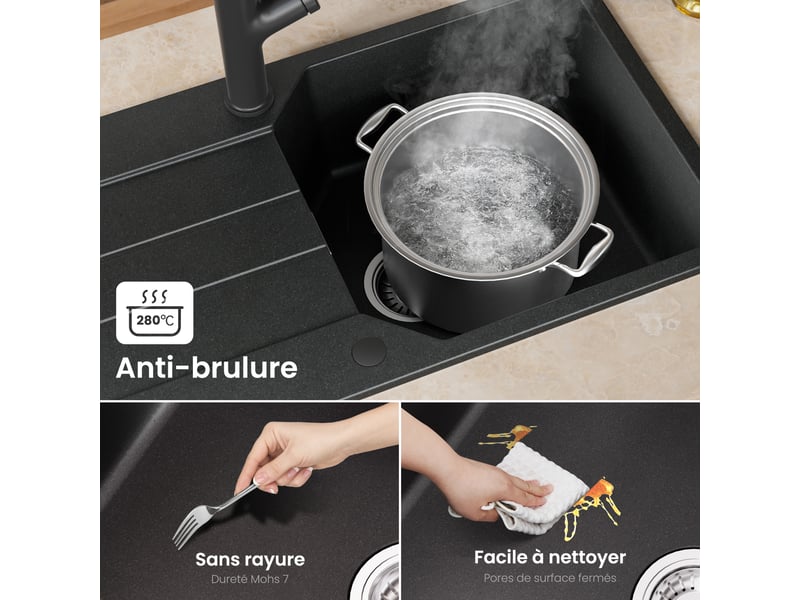 Anycee max évier en granit 86x45cm - évier de cuisine noir - avec système d’évacuation et égouttoir - Conforama C