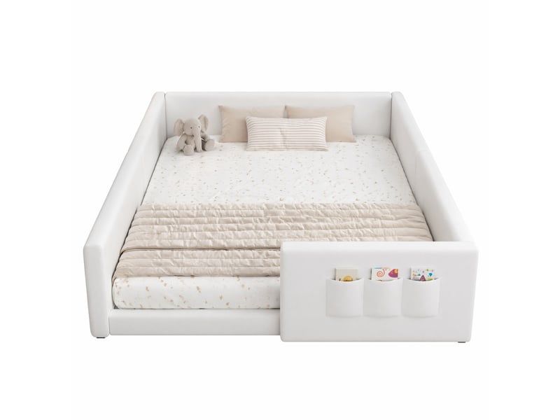  Lit enfant 140x200 cm, lit 2 place, design moderne et simple, 3 poches de rangement, sommier, pu, coloris blanc, sans matelas  - Conforama A