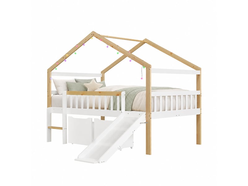  Lit mi-hauteur enfant 120 x 200 cm avec toboggan et échelle réversibles, 2 tiroirs, barrière et guirlande lumineuse, en bois blanc et naturel  - Conforama D