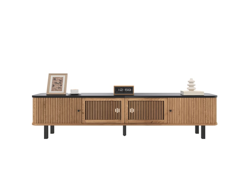  Meuble tv avec 2 portes coulissantes, 1 porte grillagée et rangements, pour salon, en panneaux chêne, 190 × 35 × 45 cm  - Conforama A