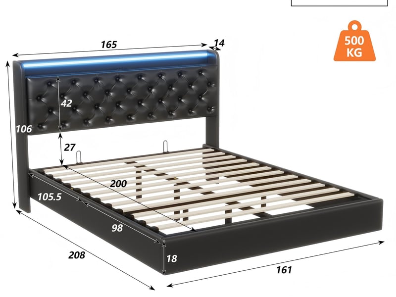  Lit 2 places 160x200 cm en cuir pu noir avec led, usb et rangement hydraulique – sommier suspendu  - Conforama C