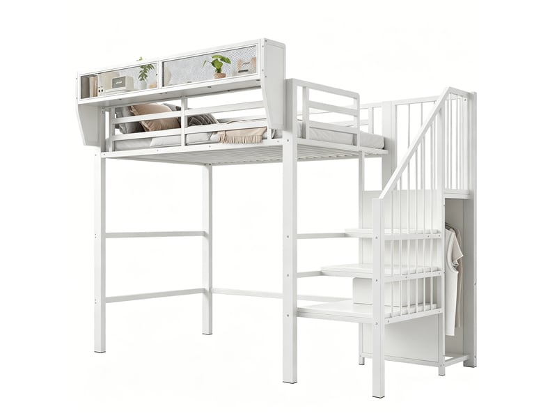 Lit mezzanine 90x200 cm avec bande led, lit surélevé en métal avec échelle sécurisée et rangements modulables, gain de place, blanc OPULERANE TRADING LTD - Conforama A