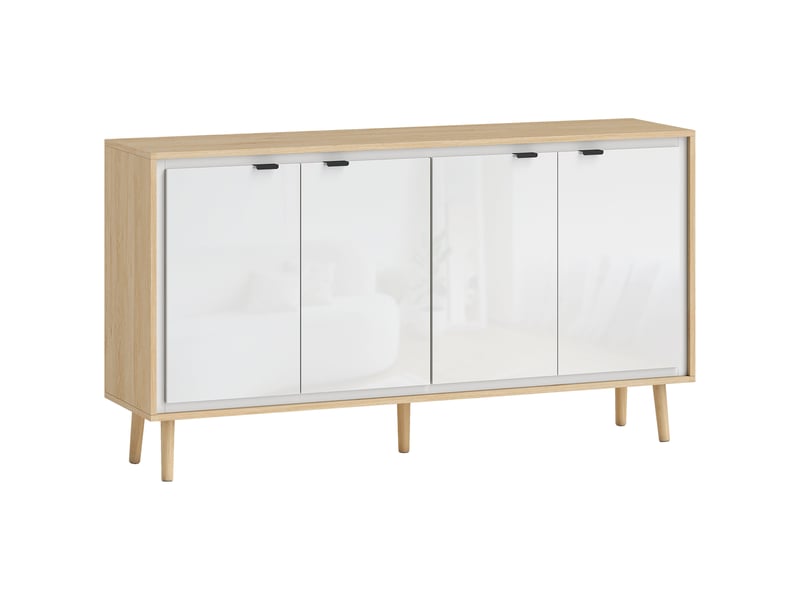  Buffet salon enfilade aosenyunzhou meuble de rangement 4 portes étagères réglables 141x35x77 cm blanc brillant et chêne T1003-01-12629 - Conforama A