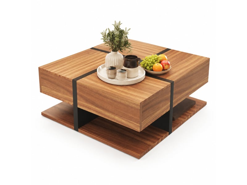  Table basse carrée avec 4 tiroirs et étagère basse – noir et décor bois – 78 x 78 x 36 cm  - Conforama A