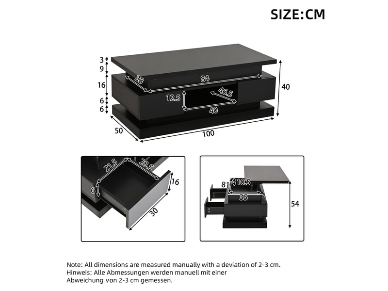  Table basse relevable 100x50x40 cm avec led, 2 tiroirs, rangement caché, table de salon, panneau de particules, noir  - Conforama C