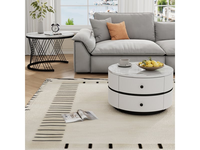  Table basse gigogne effet marbre blanc - lot de 2 tables rondes avec 2 tiroirs  - Conforama D