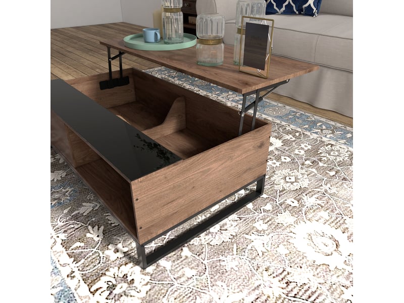  Table basse relevable avec 2 niches de rangement et étagère, pour salon, en bois et verre, noyer et noir  - Conforama C