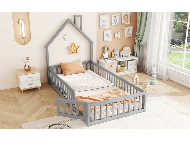  Lit enfant 90x200 cm gris pin massif style maison avec cheminée sommier à lattes inclus Sol Morn - Conforama E