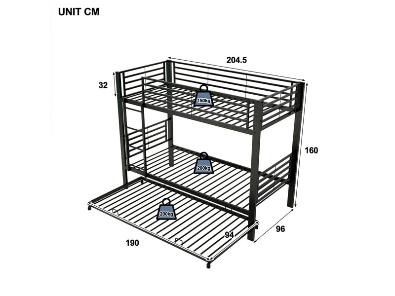  Lit superposé enfant en métal 90 x 200 cm avec lit gigogne 90 x 190 cm, noir  - Conforama C