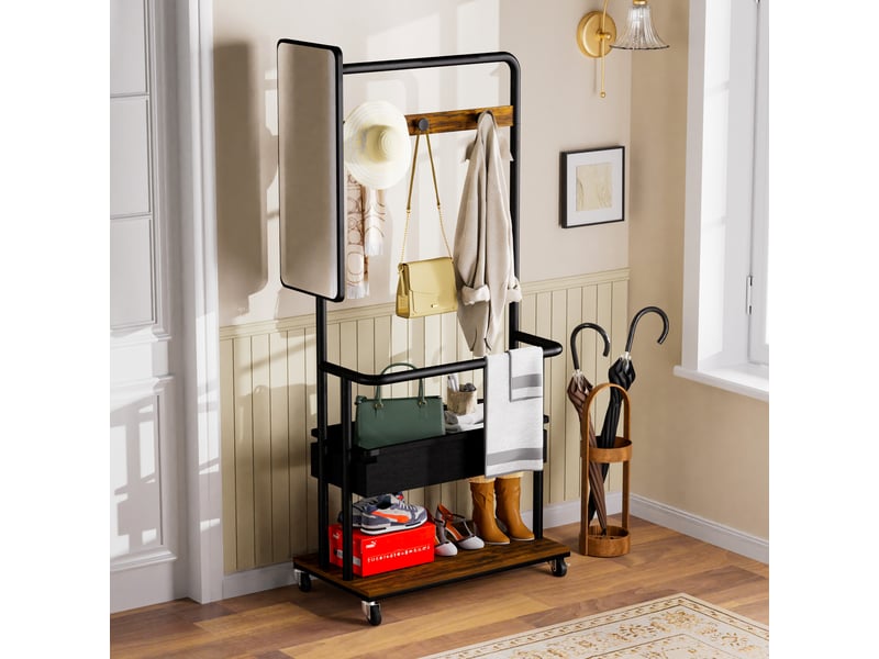  Porte-manteau en métal robuste avec roulettes, design 3 en 1 avec panier et miroir, porte-manteau suspendu, porte-manteau mobile avec roulettes, OZ-SHF162RB - Conforama D