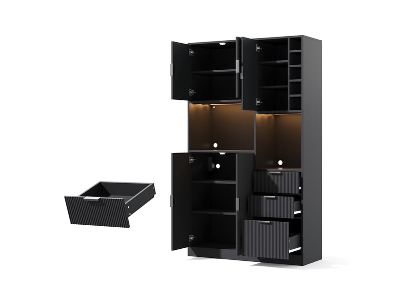  Armoire haute moderne de rangement et à vin avec étagères réglables 3 tiroirs casier à vin led changeant de couleur prises 180x105x40 cm  - Conforama A