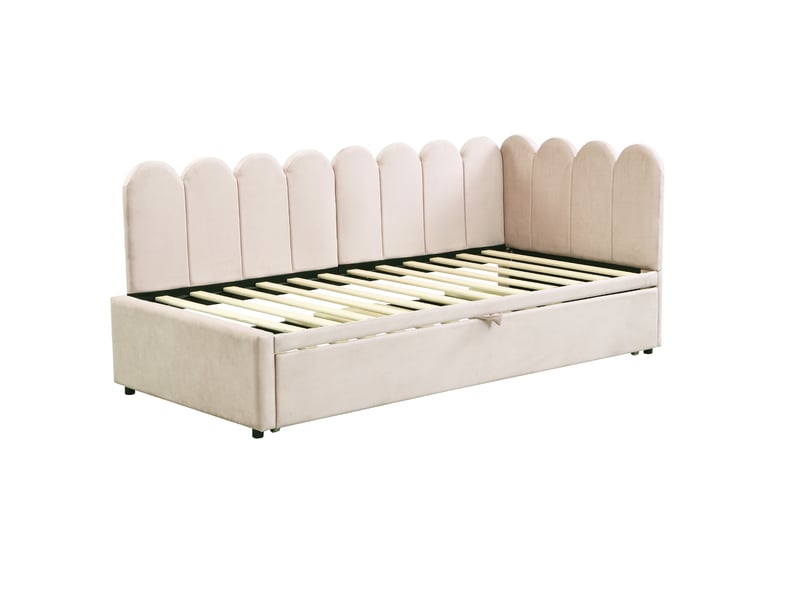 Canapé-lit d’angle 2-en-1, velours beige, convertible, couchage extensible, gain de place, 90x180x200 cm - Conforama A