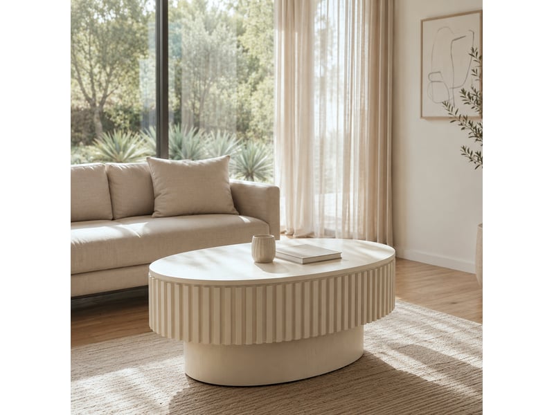  Table basse avec rangement dissimulé, design cannelé en bois et mdf crème  - Conforama D