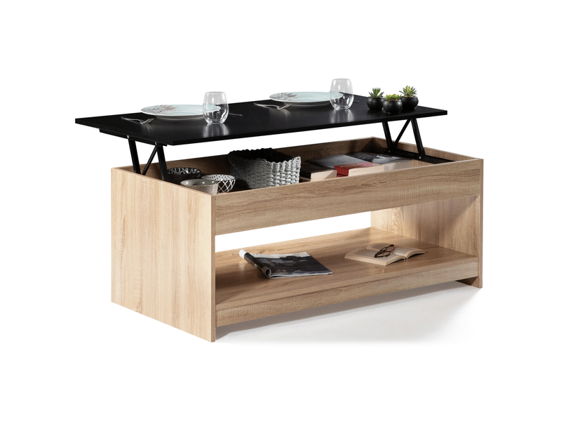 Table Basse Relevable Rectangulaire IDMarket Tara - Plateau Converti En Table à Manger - Blanc Et Imitation Hêtre