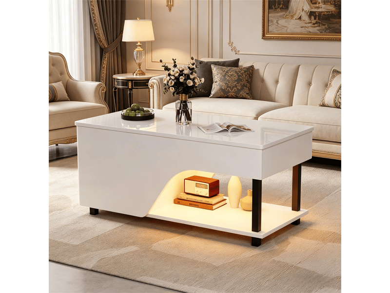  Table basse relevable blanche 100x50 cm avec rangement caché, plateau réglable et éclairage led brillant  - Conforama C