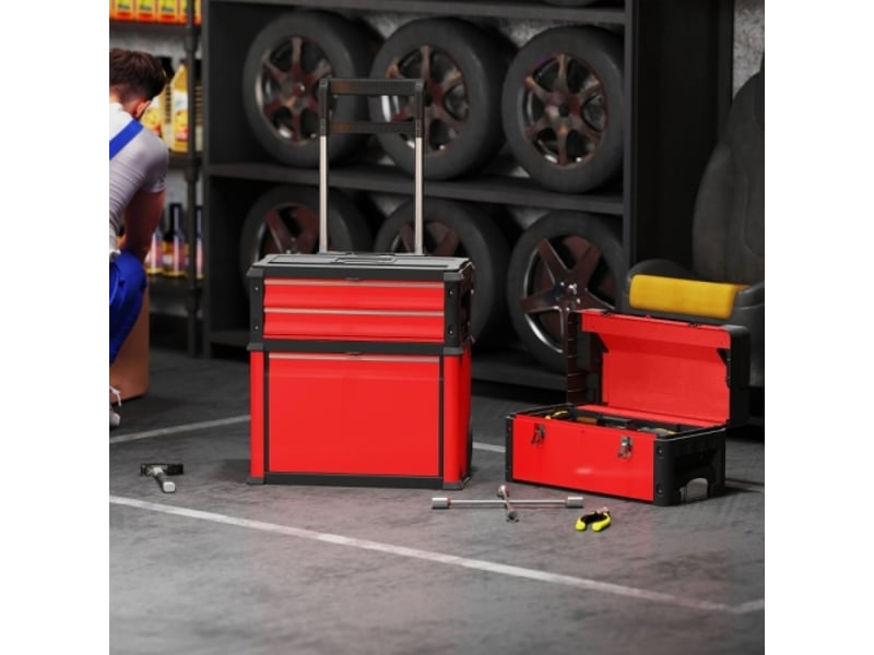  Chariot d'atelier rouge en acier avec coffre à outils, 3 modules modulables, rangement roulant avec poignée pour atelier et garage  - Conforama D