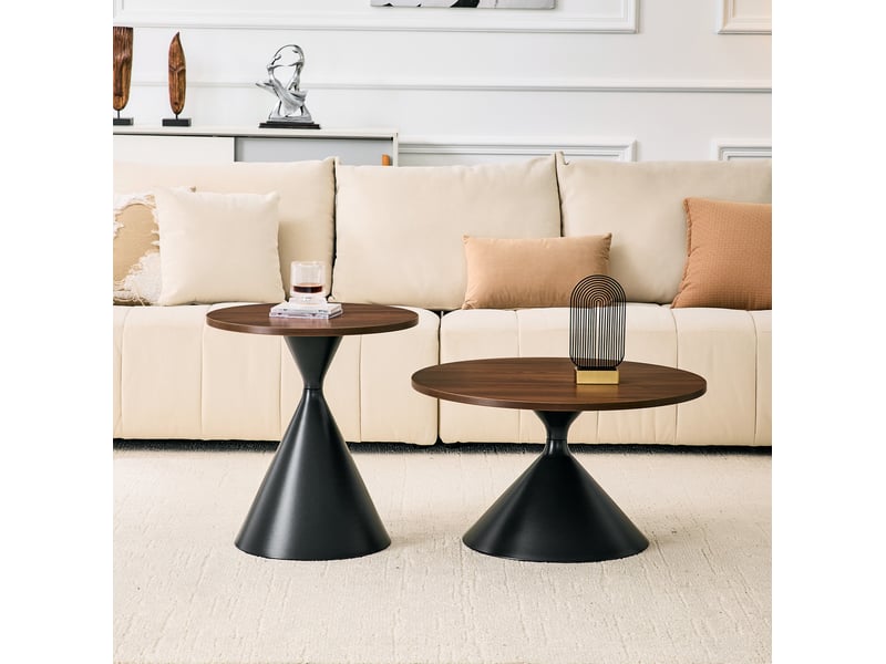  Tables basses gigognes avec plateaux en mélaminé et piètements coniques, empilables pour salon, noyer et noir  - Conforama B