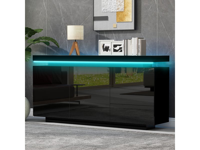 Buffet de cuisine haut noir brillant 140x72.5cm, 2 portes et 3 tiroirs, meuble rangement moderne sans poignées pour salon ou entrée - Conforama B