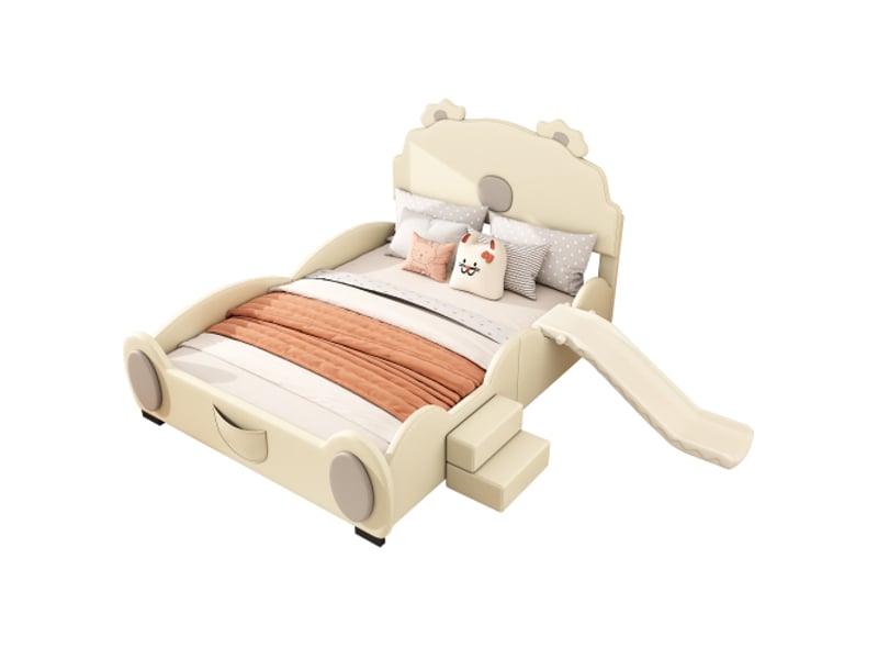  Lit enfant 140 x 200 cm, motif ours, avec toboggan et échelle, en polyuréthane beige, facile à nettoyer, forme adorable.  - Conforama A