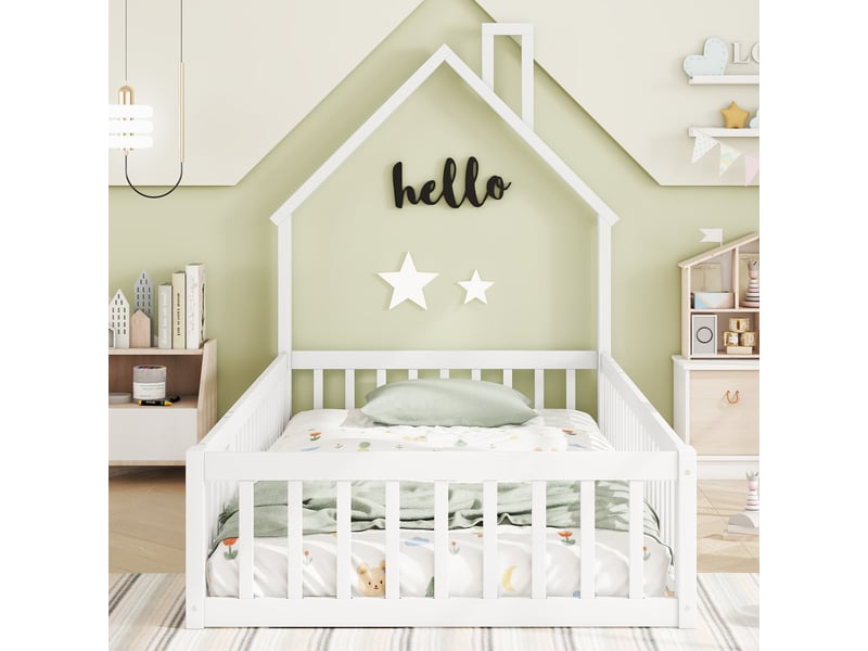  Lit cabane enfant 90x200, lit avec forme de cheminée, style minimaliste blanc, avec sommier à lattes, en bois de pin  - Conforama E
