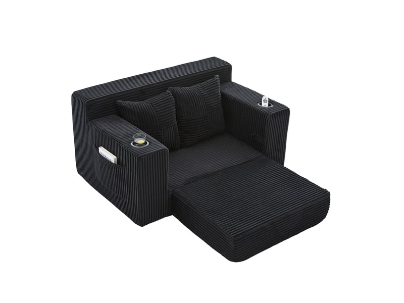  Canapé-lit 2 places 151x133x64 cm noir en velours côtelé, 2 coussins, porte-gobelet et rangement latéral  - Conforama A