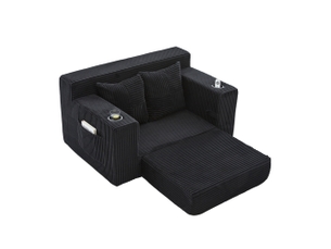 Canapé-lit 2 places 151x133x64 cm noir en velours côtelé, 2 coussins, porte-gobelet et rangement latéral