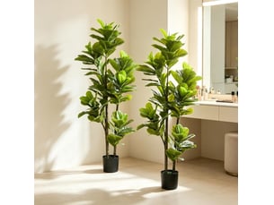 Figuier lyre artificiel 150 cm – vert – lot de 2 plantes décoratives avec pots en ciment pour intérieur