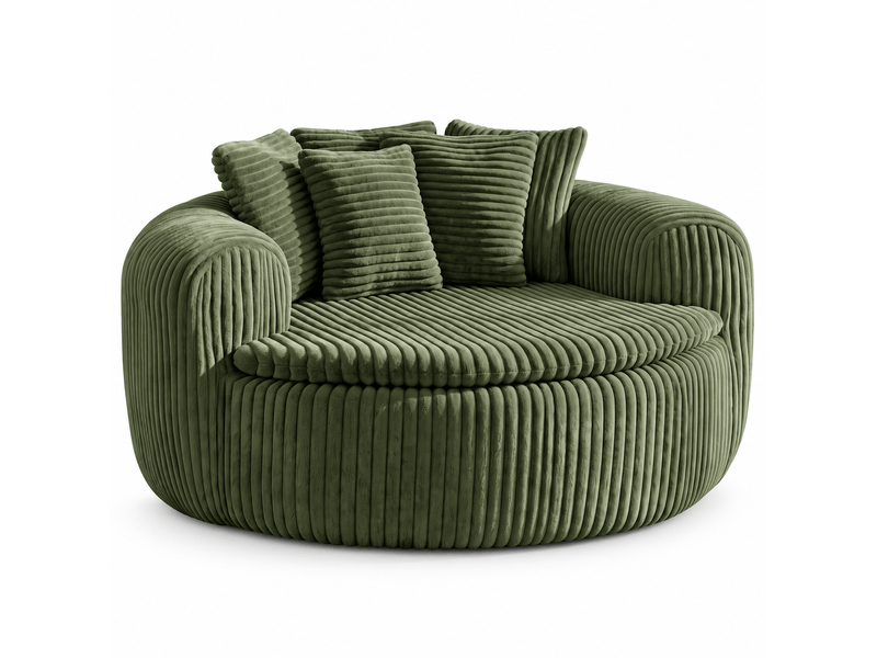  Canapé pouf lounge 1 place, assise profonde rembourrée, accoudoirs enveloppants, 5 coussins, velours côtelé vert, 145 x 133 x 59 cm  - Conforama A