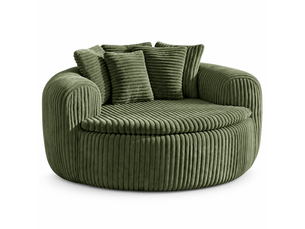 Canapé pouf lounge 1 place, assise profonde rembourrée, accoudoirs enveloppants, 5 coussins, velours côtelé vert, 145 x 133 x 59 cm