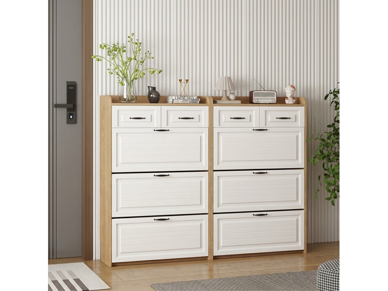  Meuble à chaussures ulevr à 3 abattants et 2 tiroirs, 80 x 23,5 x 131 cm, panneau de particules blanc et naturel  - Conforama E