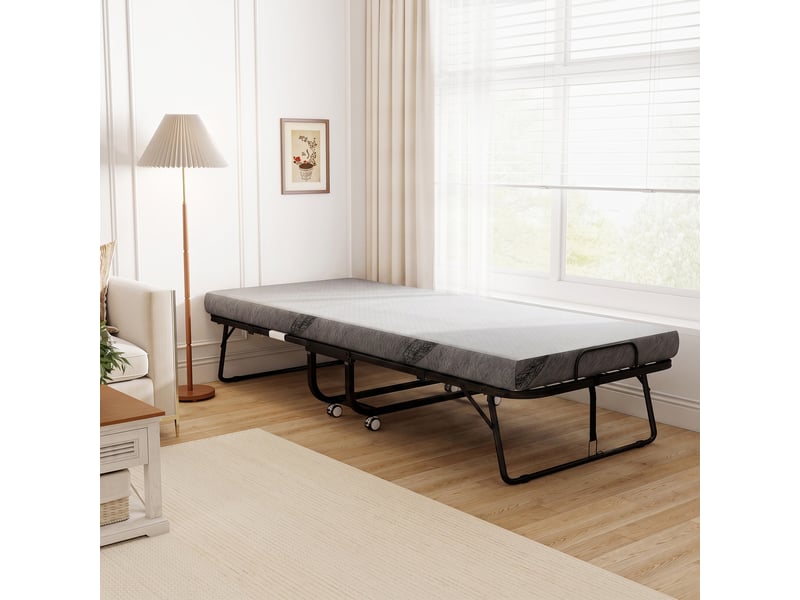 Lit pliant 1 personne 200 x 90 cm avec matelas, lit d'appoint pliable et portable sur roulettes, cadre en acier, blanc - Conforama A