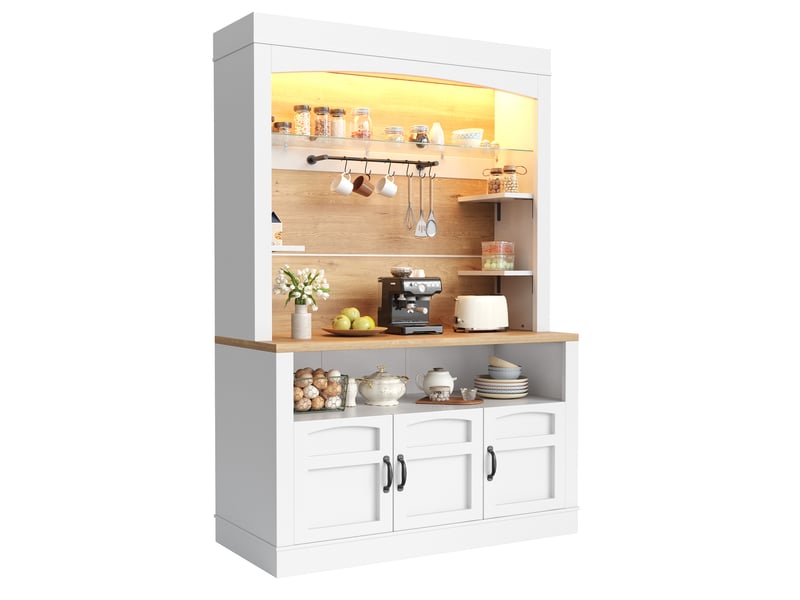  Buffet de cuisine haut avec 3 portes, étagères réglables, led et plan de travail pour cuisine en mdf blanc  - Conforama A