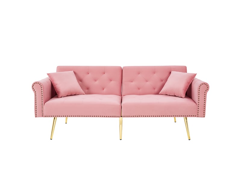 Canapé convertible 2 places en velours rose, dossier réglable sur 3 positions, couchage 147 x 85 cm, pieds métal doré - Conforama A