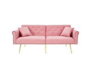 Canapé convertible 2 places en velours rose, dossier réglable sur 3 positions, couchage 147 x 85 cm, pieds métal doré