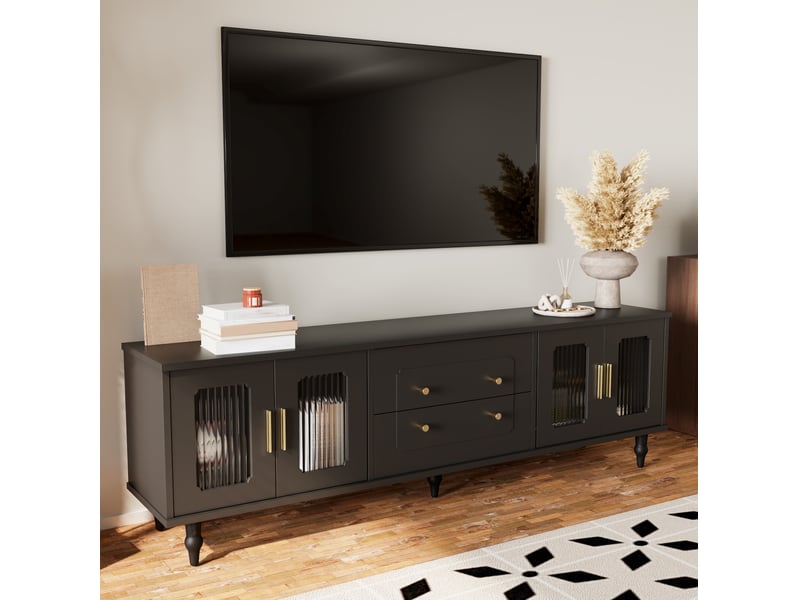  Meuble tv bas noir 175 x 38 x 55,5 cm, 4 portes en verre strié et tiroirs  - Conforama D
