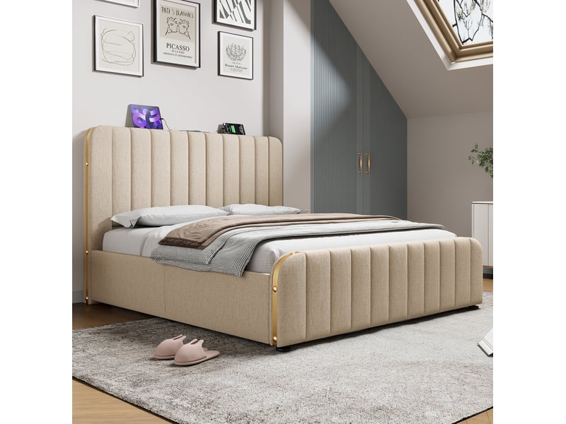  Lit double coffre 180x200 cm en lin beige avec usb et port usb-c, sans matelas  - Conforama E