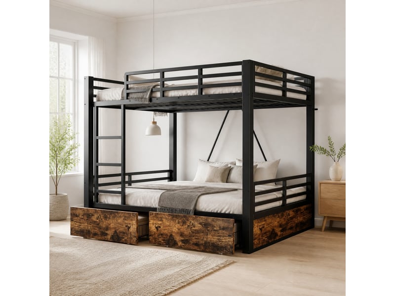 Lit étagère métallique avec tiroirs, lit enfant gain de place (140x200 cm) avec échelle et garde-corps de sécurité, noir  - Conforama B