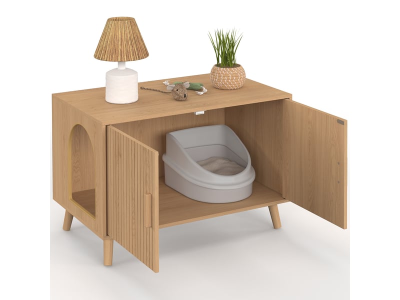 Maison de toilette chat cache-litière juliette avec doubles portes lattes tasseau bois coloris chêne  - Conforama A