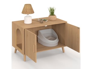 Maison de toilette chat cache-litière juliette avec doubles portes lattes tasseau bois coloris chêne