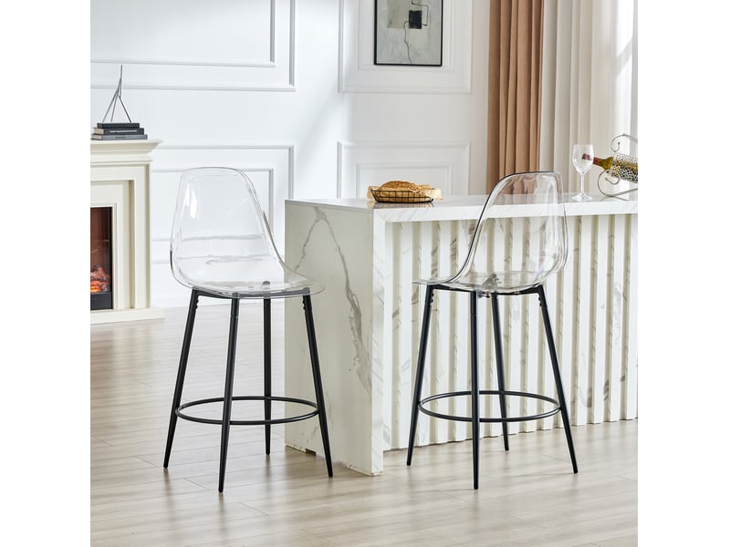 Tabouret de bar transparent avec dossier ergonomique et pieds métalliques noirs, lot de 2 en plastique et métal noir  - Conforama B