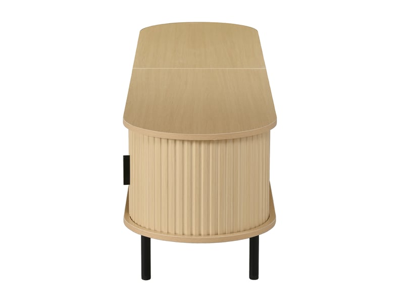  Meuble tv elliptique rainuré avec portes coulissantes, 2 compartiments ouverts, meuble média pour salon, mdf, pieds en métal, bords arrondis, design moderne  - Conforama D