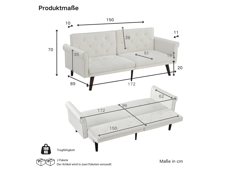 Canapé convertible 2 places 172 x 89 x 70 cm, dossier réglable 5 positions, structure solide, velours, beige  - Conforama C