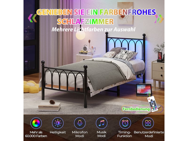  Lit simple rembourré 90x200cm avec led et usb-c, cadre de lit adulte en métal avec tête et pied de lit vintage, noir, lit 1 personne  - Conforama A