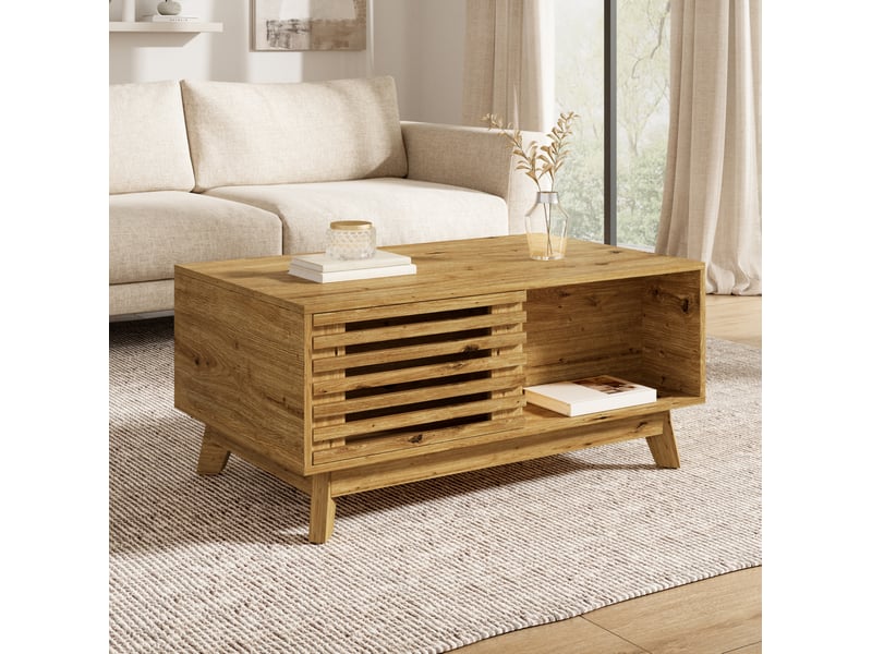  Table basse relevable avec porte coulissante et rangement modulable, style rétro moderne, en mdf naturel 90 × 55 × 57,5 cm  - Conforama E