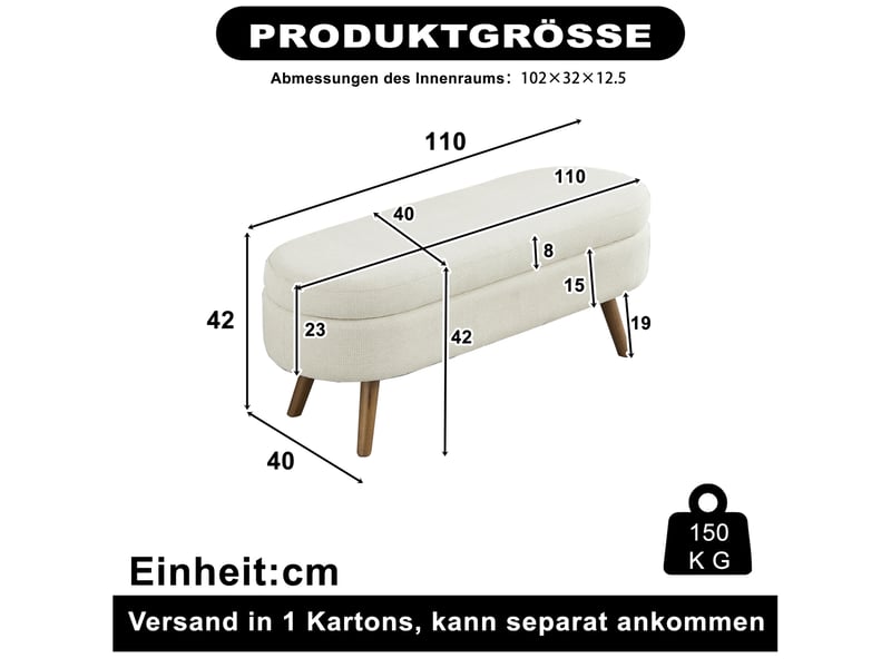  Banc de lit coffre 110x40x42 cm, rangement, banc d'entrée, bout de lit, pour chambre, salon ou couloir, chenille, beige  - Conforama C