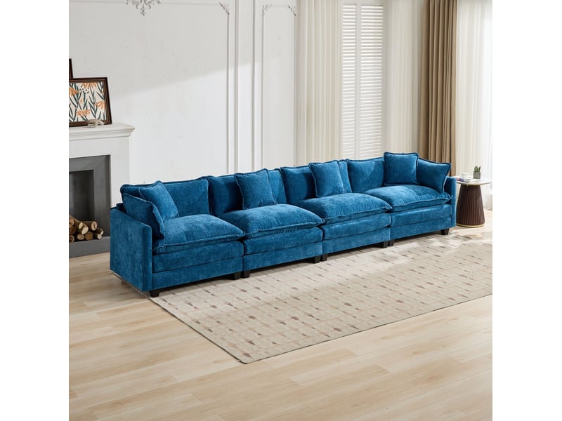  Canapé modulable 4 places bleu en chenille, 380 x 75 x 84 cm  - Conforama D