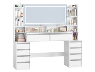 Grand meuble-lavabo de 134,6 cm avec grand miroir, blanc, 10 tiroirs