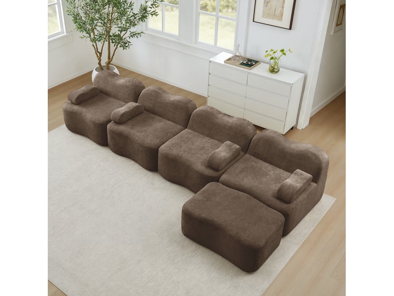  Canapé modulable 4 places 384x167x70 cm, dossier ondulé, mousse 32d, 1 pouf, velours, marron  - Conforama D