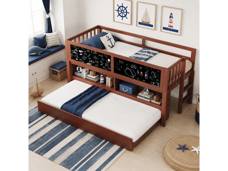  Lit enfant 90 x 200 cm marron avec lit gigogne, rangements ouverts et tableau à craie  - Conforama D